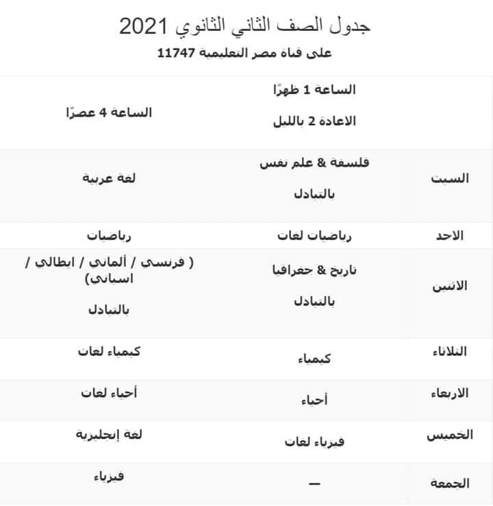 مواعيد عرض البرامج التعليمية للصف الثانى الثانوى