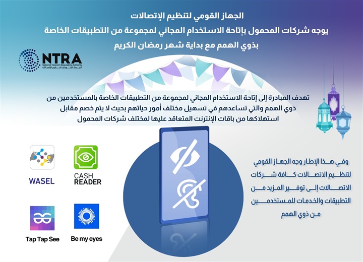 تنظيم الاتصالات تطبيقات ذوي الإعاقة لن تخصم من باقات الإنترنت طوال رمضان